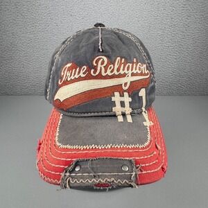VTG True Religion Hat Mens Gray Distressed‎ Y2K Buddha Logo Baseball Cap